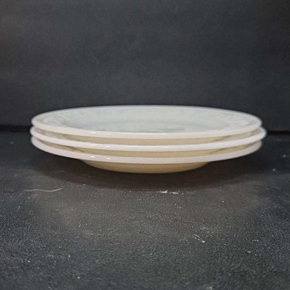 Hazel Atlas Milk Glass Salad‎ Plates, Set of 3, Vintage Floral Embossed Dishes